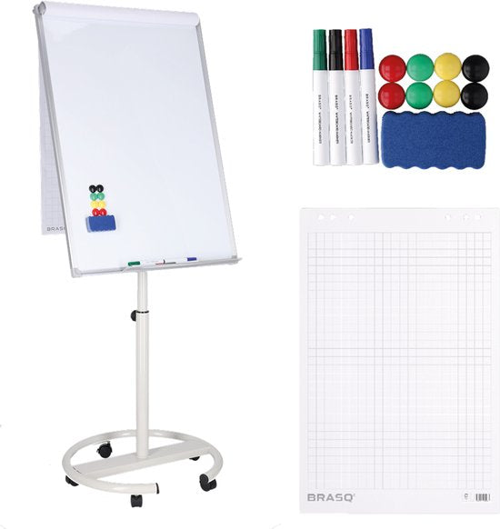 BRASQ Flipchart Mobile Deluxe - 70x100 cm - Tableau blanc ajustable - 25 feuilles de papier et accessoires inclus - avec bras extensibles - Tableau magnétique avec crochets - Tableau magnétique - Blanc