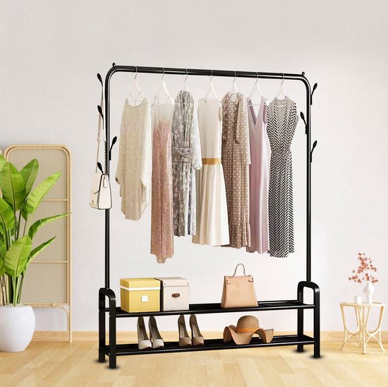 Vonia Rack à vêtements 152 x 34 x 102 cm - Rack à vêtements avec porte-chaussures - Rack à vêtements en métal - Rack de penderie - Noir
