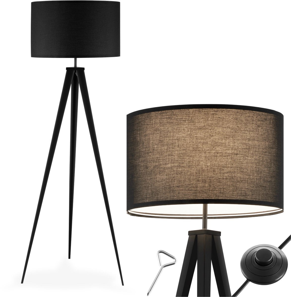 tectake® Lampadaire - Lampadaire 3 pieds - Hauteur 158 cm - Abat-jour aspect lin - Interrupteur à pied - Noir