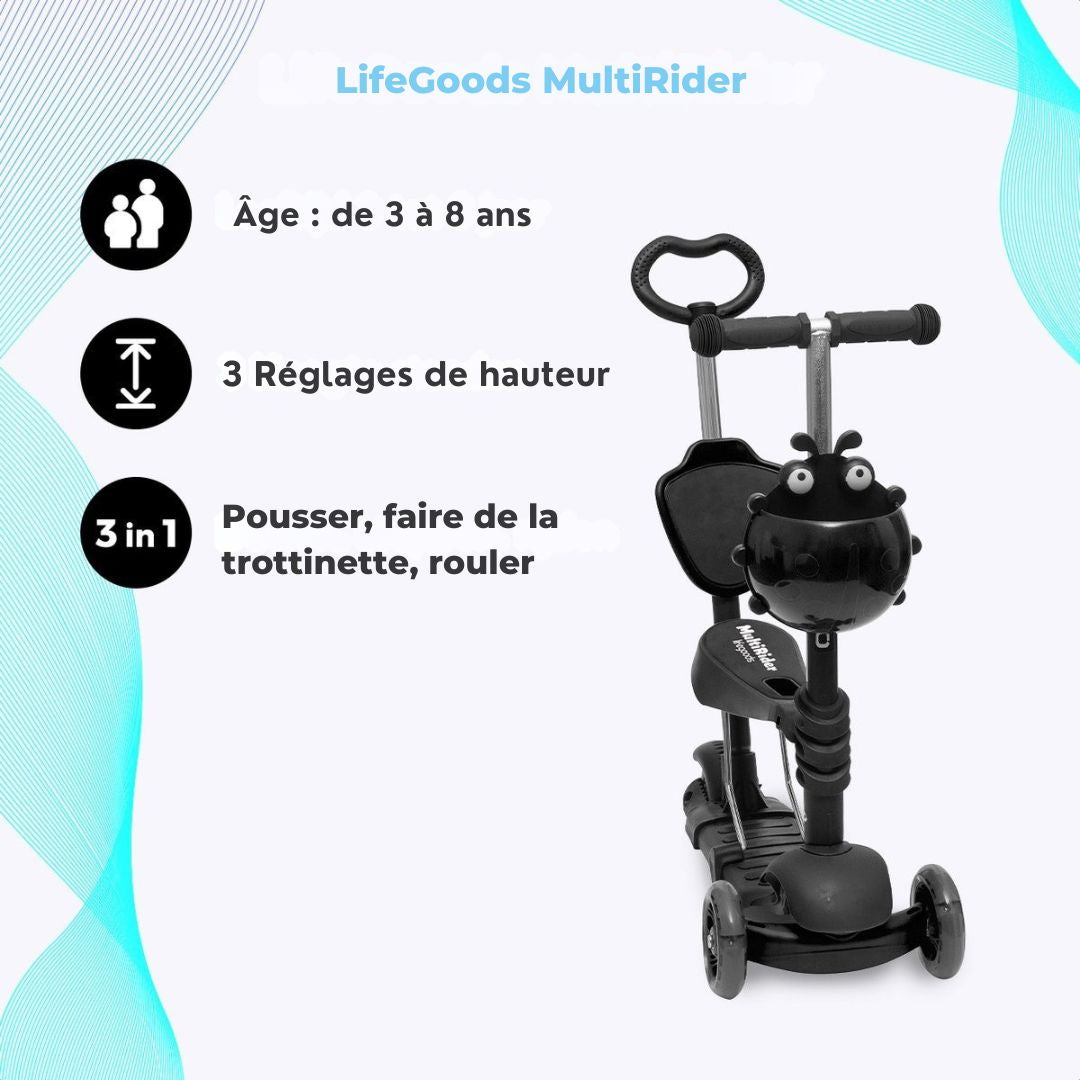 Scooter pour enfants avec barre de poussée - LifeGoods MultiRider - 3 -8 ans - Garçons/Filles - 3 roues lumineuses - Noir