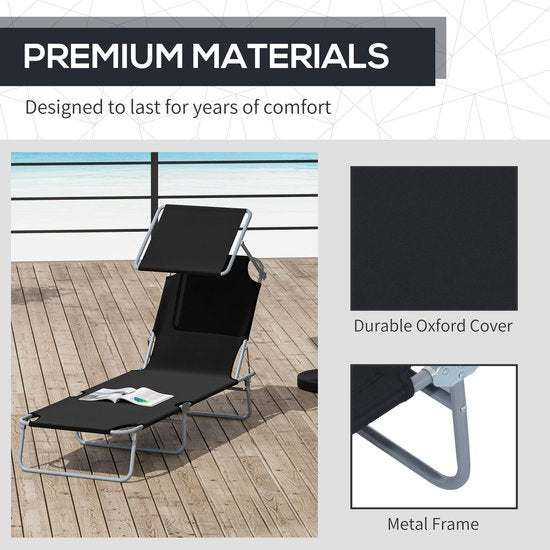 Chaise longue Outsunny - pliable - avec pare-soleil - 4 positions - noir