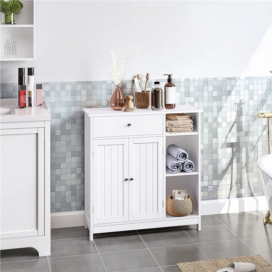 Armoire de salle de bains Yaheetech 75 x 30 x 80 cm - Blanche - Armoire de rangement avec tiroir, porte et étagères réglables