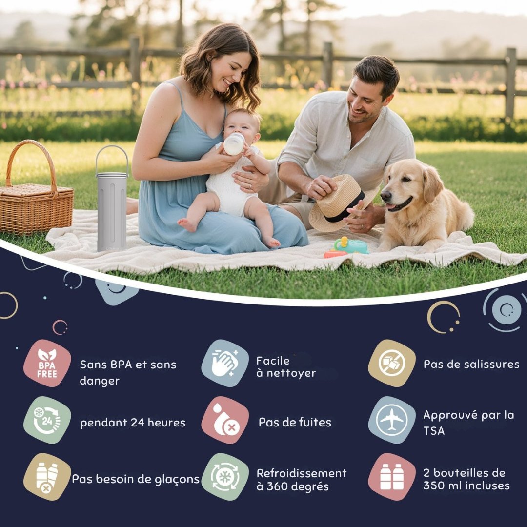 Refroidisseur de lait pour bébé Numsy - Refroidisseur de lait maternel portable - 24h de refroidissement - Pas de condensation - 2x350ml biberons sans BPA inclus - Anti-fuites - Gris clair
