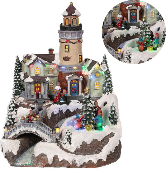 Cheqo Village de Noël avec arbre de Noël rotatif - lumière LED - 26x28x35 cm