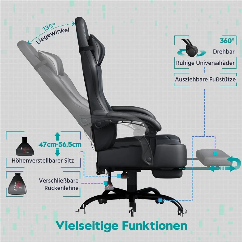 Yaheetech Gaming Chair 72 × 72 × 124.5-134 cm - Noir - Chaise de jeu ergonomique avec fonction de massage, repose-pieds et hauteur réglable