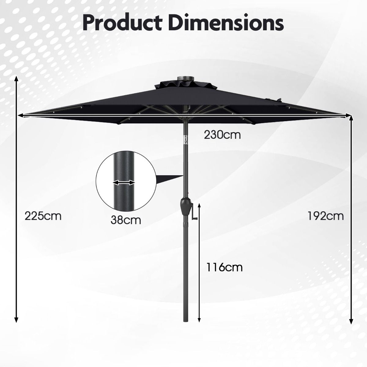 Parasol de terrasse Coast à énergie solaire - avec éclairage LED - inclinable et ventilé - noir 230 cm