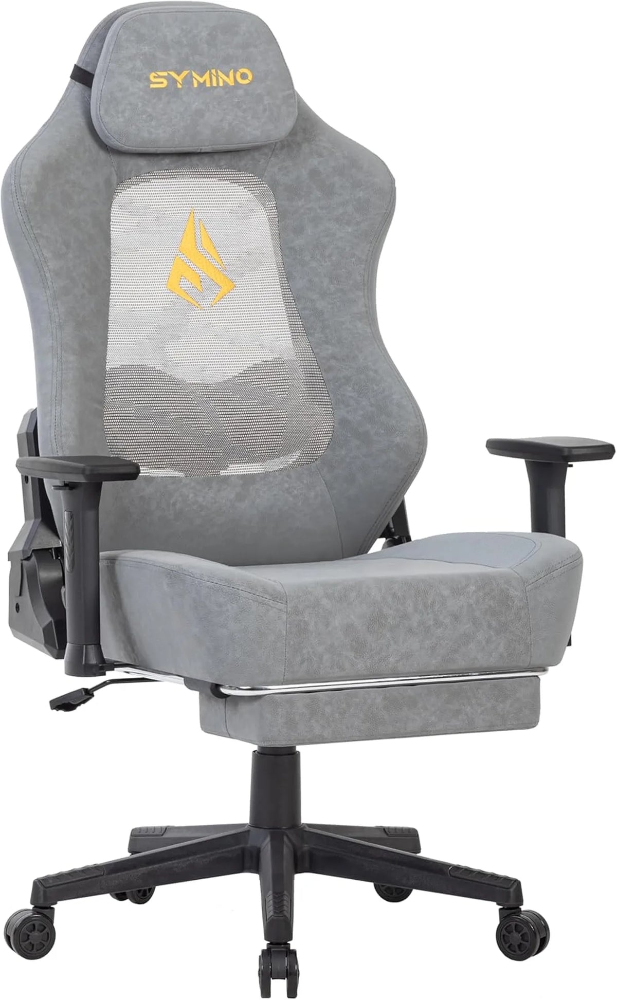 Fauteuil gaming ergonomique SYMINO avec dossier respirant – Cuir PU vintage – Gris – Métal et mousse
