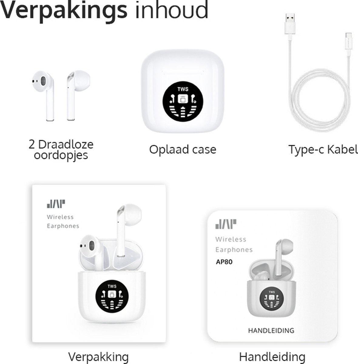 JAP Sounds AP80 - Ecouteurs sans fil avec étui de chargement - 24 heures d'écoute - Bluetooth - Ecouteurs sans fil - Ecouteurs pour le sport - Convient à apple, iphone, android, samsung etc.