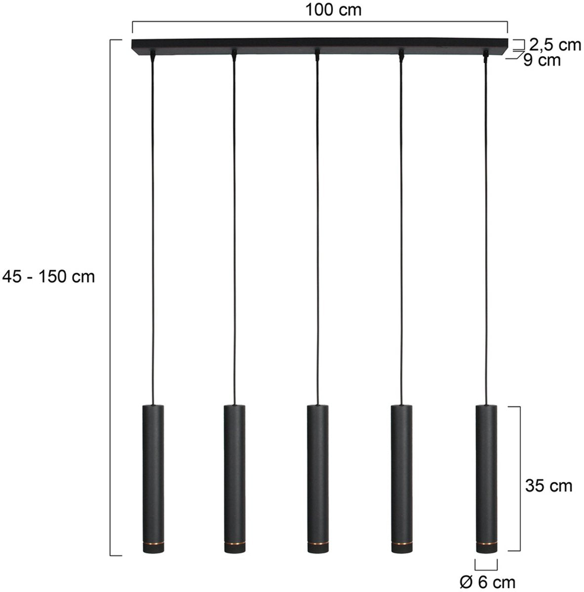 Mexlite Lampe pendante DownLume - 5 Lumières - Métal noir - Grande lampe de table de salle à manger - GU10 - Design moderne