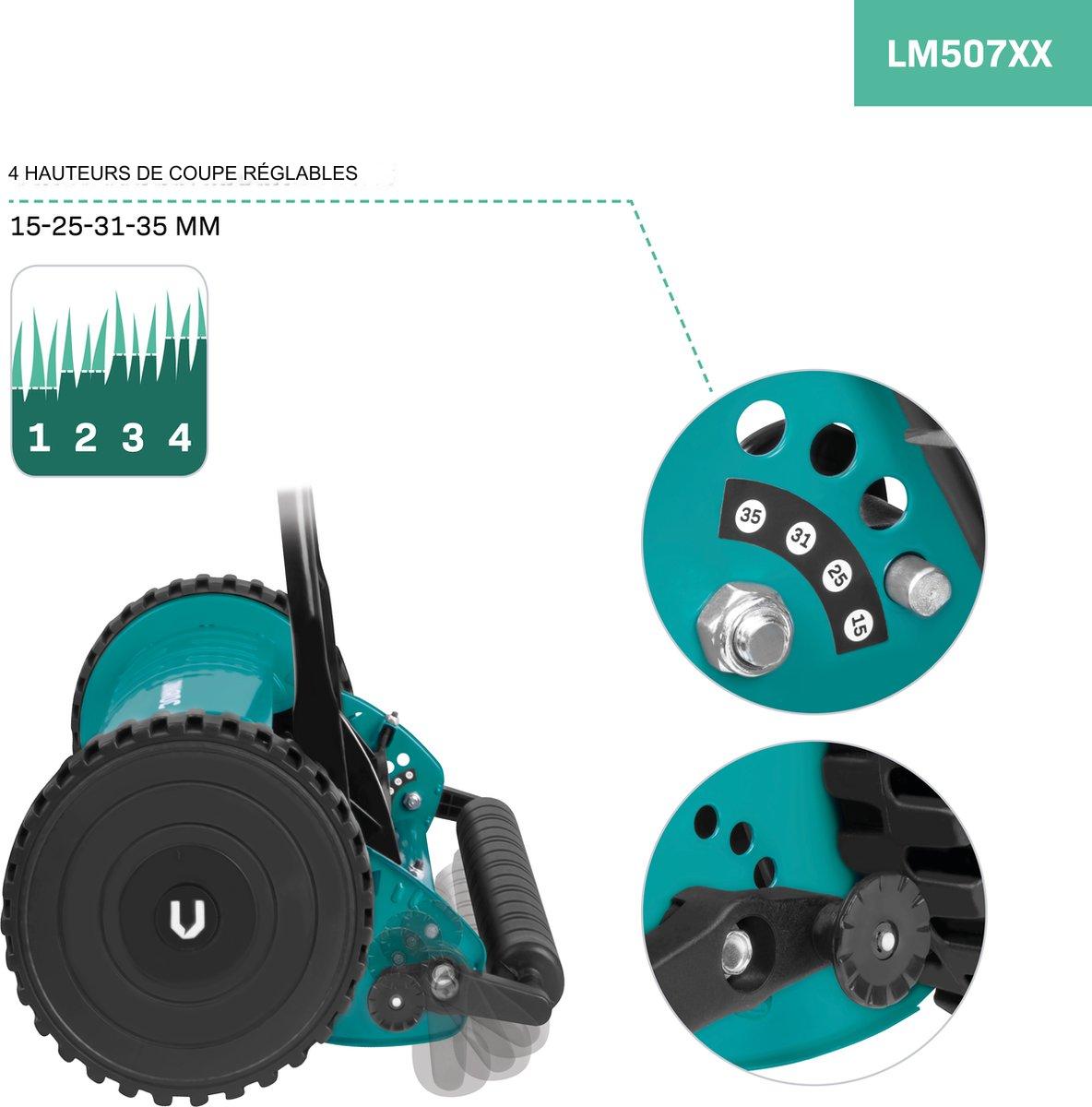 VONROC Tondeuse à main - 300mm - 4 hauteurs de coupe réglables - incl. support mural et sac de ramassage