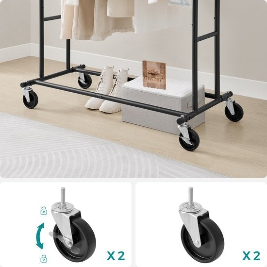 O'DADDY® Kledingrek op wieltjes - Garderoberek - Kledingstang - Verstelbaar en Uitschuifbaar - Industriële Wielen - Metaal - Stabiel tot 110 kg - Zwart