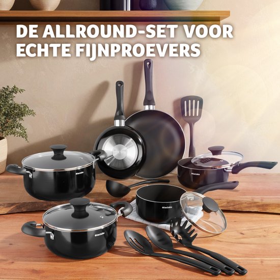 tectake® Ensemble de casseroles 15 pièces - Aluminium avec couvercles en verre - ustensiles inclus - Noir