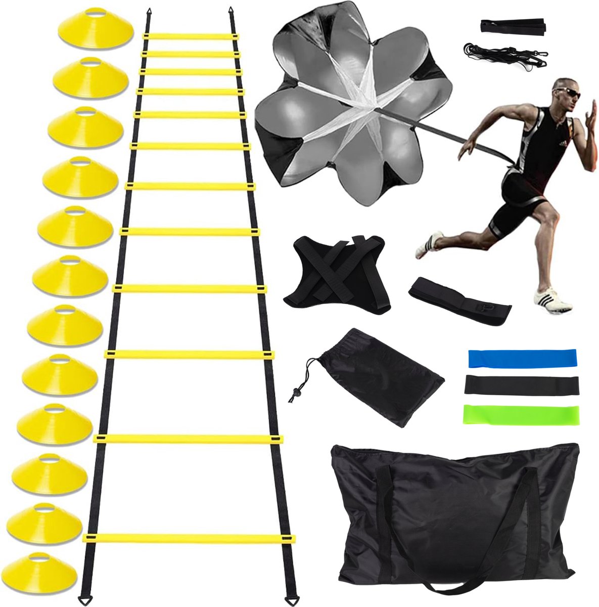 Volcan Football Training Equipment Set - Training Gear - Training Hats - Pawns - Speed Ladder - Cones - Resistance Bands - Resistance Parachute - Baltrainer - Incl. carrying bag