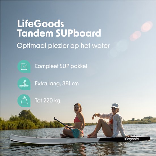 LifeGoods SUP Board Tandem - 2 personnes - capacité de charge 220 KG - 381 x 86 cm - gonflable - paquet Sup complet - blanc/noir