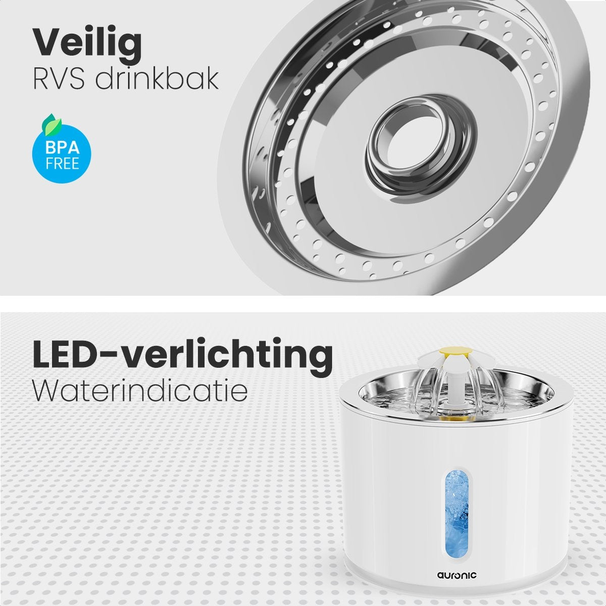 Abreuvoir Auronic - Fontaine à eau pour chats et chiens - 2.4L - Abreuvoir pour animaux - 4 filtres et 2 brosses inclus - Blanc