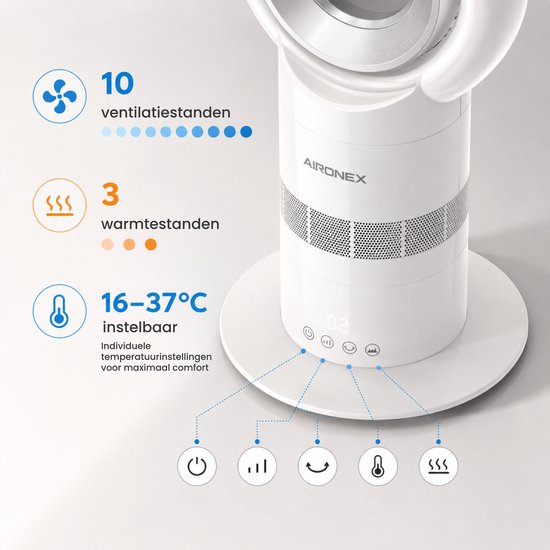 Ventilateur sans fil Aironex Swing avec chauffage – Radiateur soufflant – 2 en 1 : refroidissement et chauffage – 10 réglages – Oscillation à 71° – Télécommande – Blanc