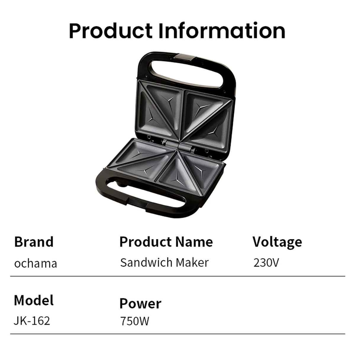 Appareil à sandwichs Ochama 750 W - Double plaque de cuisson - Sandwichs croustillants - Revêtement antiadhésif - Noir