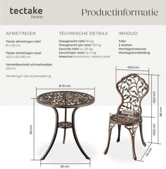 tectake® Ensemble bistro 2 personnes - Table bistro vintage avec 2 chaises bistro - Ensemble bistro en aluminium pour le jardin, la terrasse ou le balcon - Résistant aux intempéries - Couleur bronze