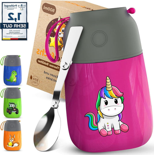 FUNKELFUCHS® Tasse thermo pour aliments pour enfants - 500ml, licorne rose - 100% étanche - Réchauffeur d'aliments en acier inoxydable - Tasse thermo pour aliments - Boîte à lunch thermo pour enfants - Réchauffeur d'aliments pour bébés