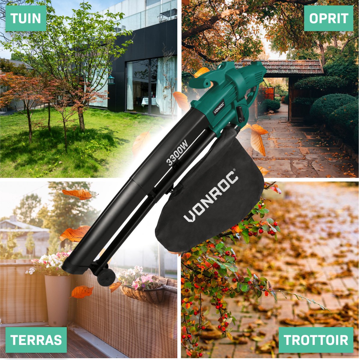 VONROC Souffleur de feuilles - Aspiration et broyage - 3300 W - Sac de ramassage de 40 litres inclus - Noir