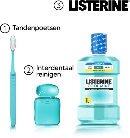 Bain de bouche Listerine Cool Mint Mild, aux huiles essentielles, contre la mauvaise haleine et la plaque dentaire, au goût de menthe doux, 1 L
