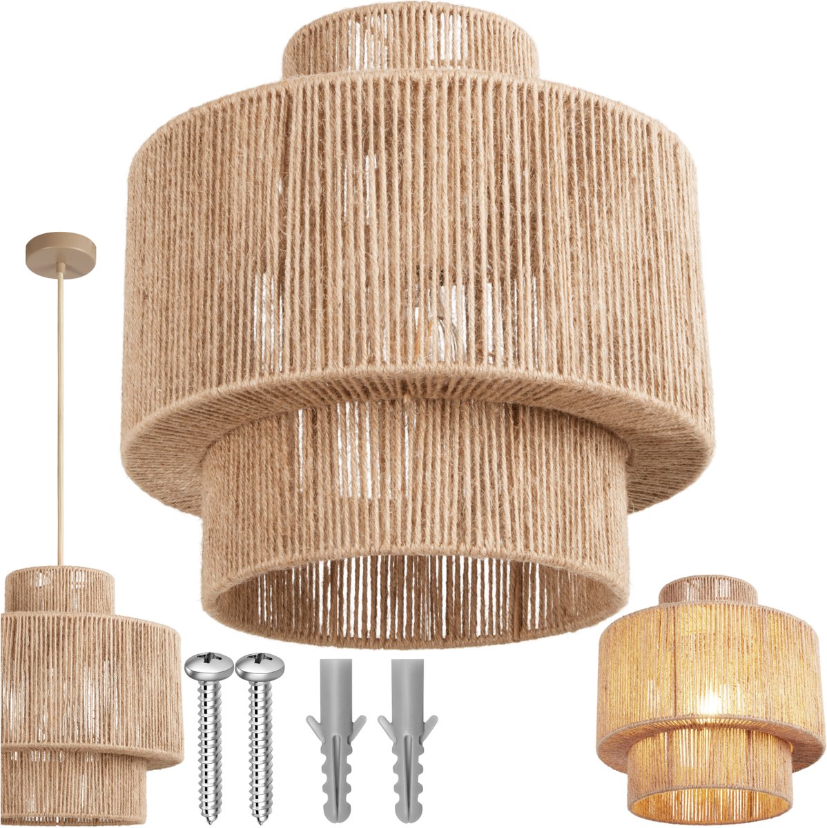 Tectake Lampe pendante Allegra - Plafonnier en jute Ø32 cm - Design Boho - Prise E27 - Max. 40W - Beige