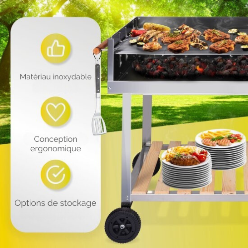 Barbecue au charbon de bois avec table - BBQ collection - Réglable en hauteur - 98 x 56 x 85 cm - noir/bois