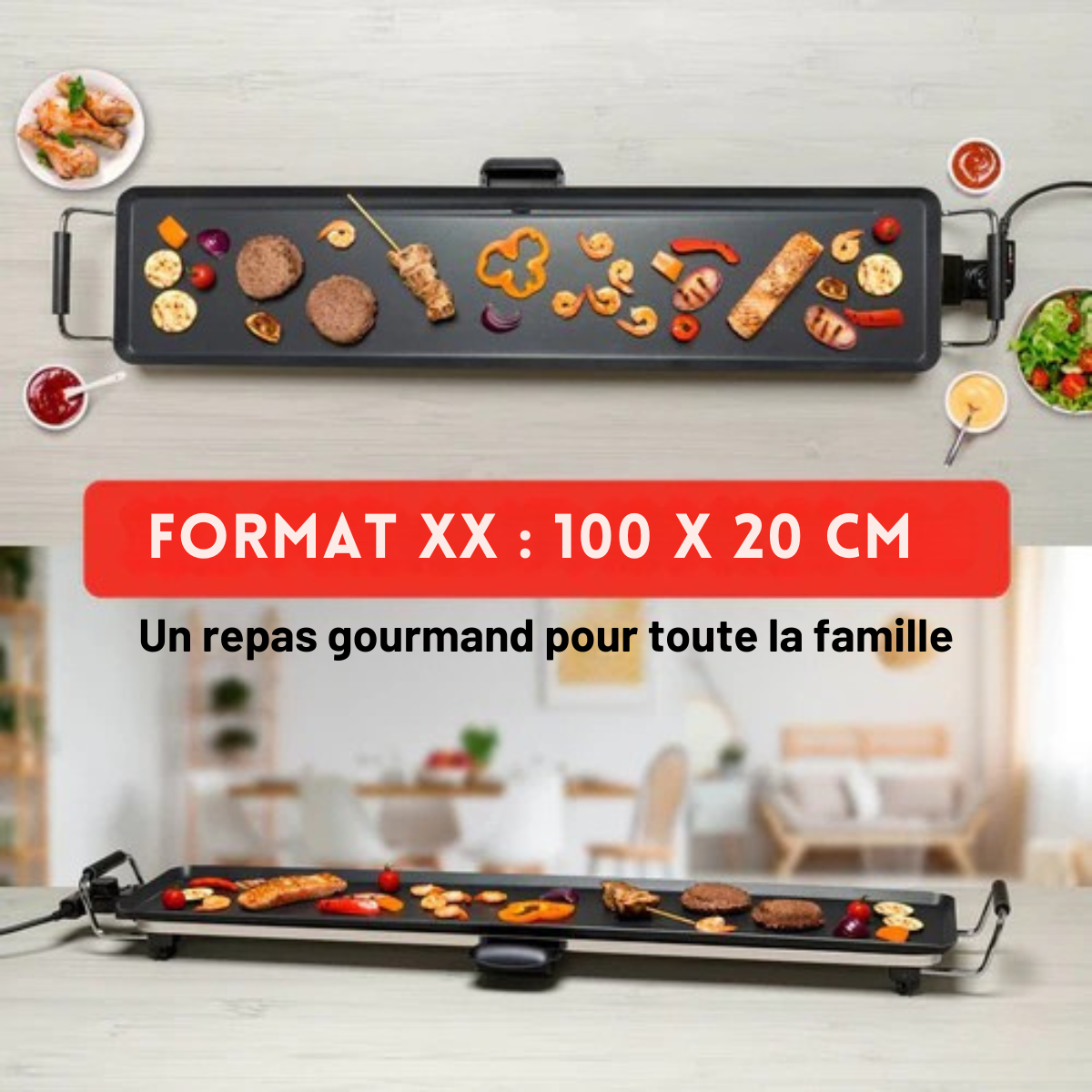 Plaque Teppanyaki XXL - Alpina - Plaque de cuisson - 100x20 cm - 2000 W - Thermostat réglable - Revêtement antiadhésif - Noir