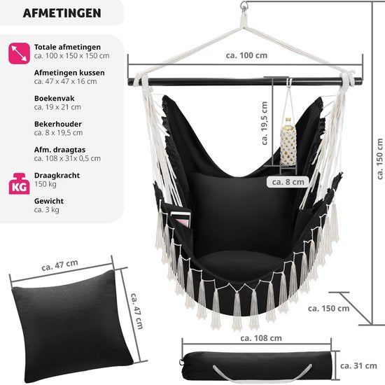 tectake® - Fauteuil suspendu Malika - coussins d'assise et de dossier extra épais, avec sac de transport et compartiment à livres - noir