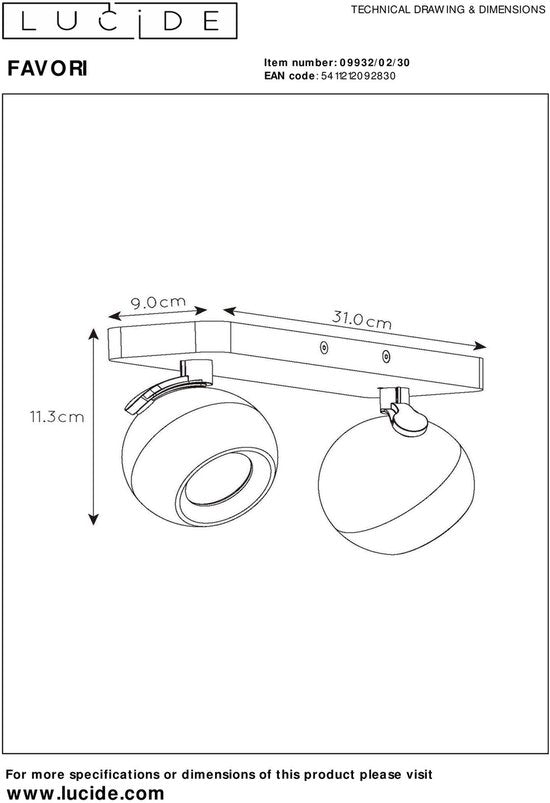 Lucide FAVORI - Spot de plafond (lampe de plafond) - 2xGU10 - Noir