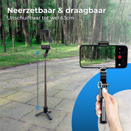 Nuvance - Stabilisateur à cardan pour smartphone - Stick à selfie - avec trépied et télécommande - Trépied