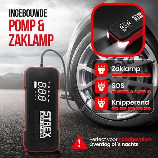 Strex 12V Jumpstarter for Car with Compressor - 4000A / 24,000 mAh - 5-in-1 Starting Aid with Compressor, Powerbank, LED Flashlight and SOS Emergency Light - Incl. Hardcover