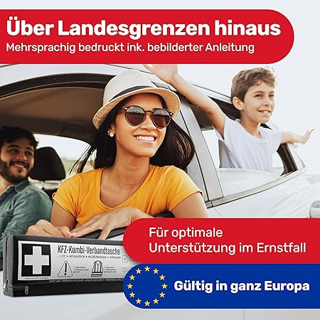 Car combi bag (3 en 1) selon la norme actuelle 2026 - y compris triangle de signalisation, gilet de sécurité - kit de premiers secours triangle de signalisation kit de premiers secours pour voiture DIN 13164:2022 (conformément au code de la route allemand