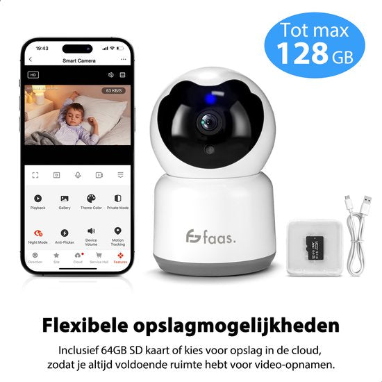 Caméra de sécurité intérieure - avec vision nocturne - Wifi et SD 64GB - Caméra de surveillance - Full HD - Tuya Smart - Blanc - by Saaf