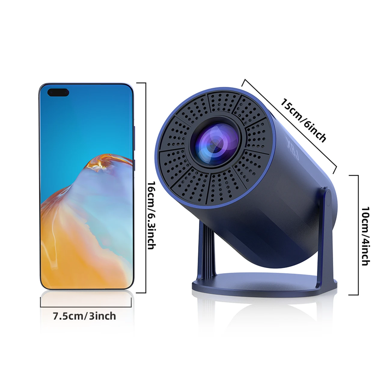 Mini-projecteur portable XBJ - Bleu - Android 11 - Wi-Fi 6 et Bluetooth 5.2 - 200 ANSI - Orientable à 180° - Taille d'image de 40 à 200 pouces - 14 x 11,9 x 21,8 cm