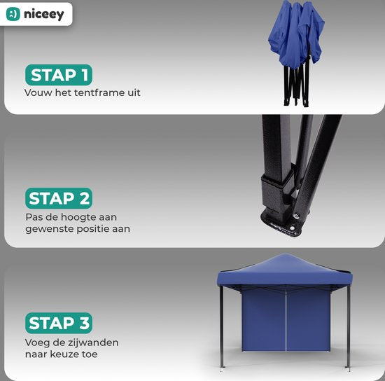 Niceey Party Tent - 3x3m - Pavillon - pliable et imperméable - Tente de réception avec parois latérales - Tente de jardin - Montage facile - Sac de transport à roulettes - Bleu foncé