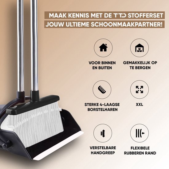 TTD® Pelle et brosse avec long manche XXL - réglable 54-263 cm - Balai - manche de balai - gris et noir - Pelle et brosse - Pelle pour l'intérieur et l'extérieur - Dents de nettoyage intégrées