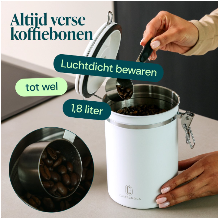 Boîte de conservation pour café Castagnola – 1,8 litre / 600 g – Boîte hermétique pour café avec évacuation de CO₂ et suivi de la date – Acier inoxydable – Blanc cassé