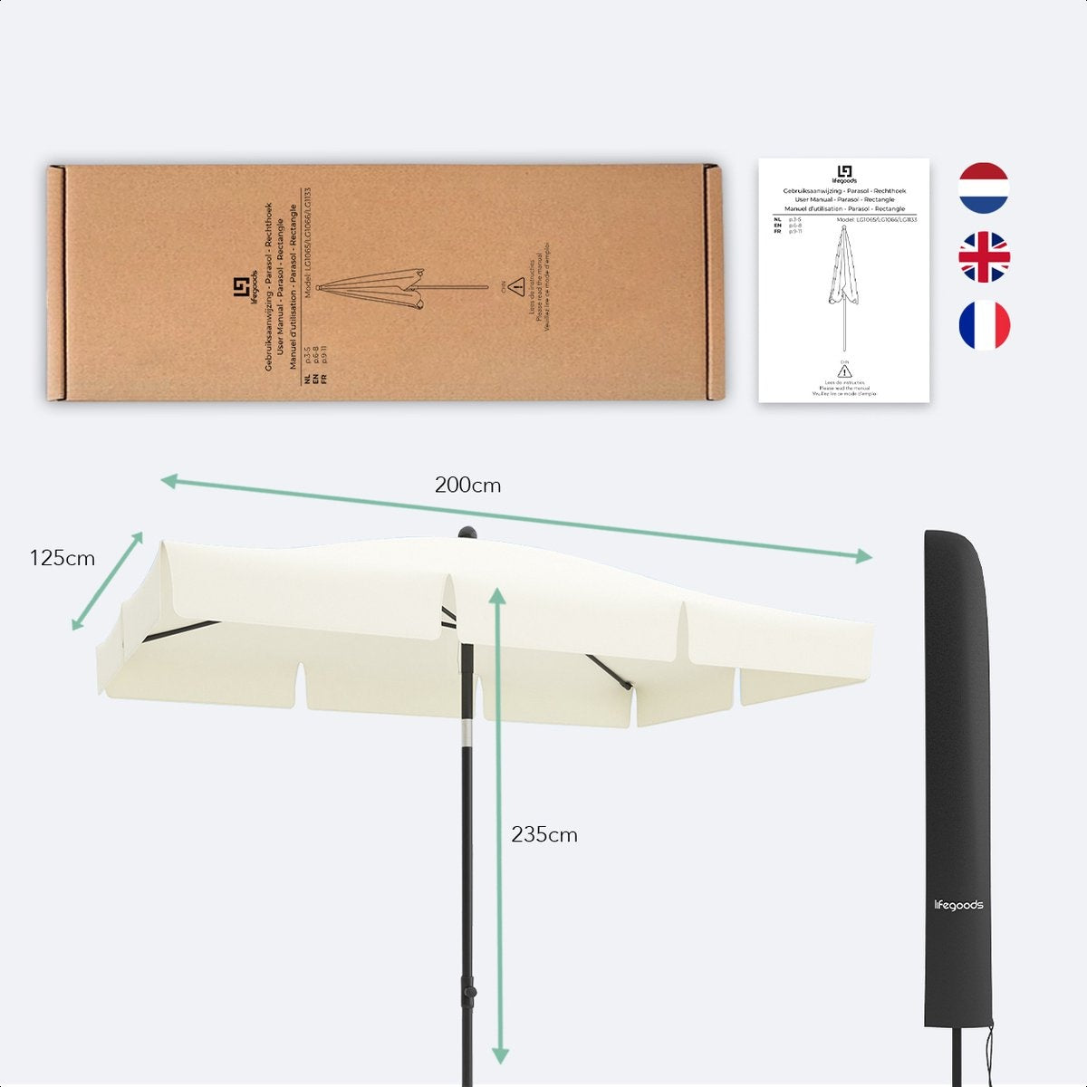 LifeGoods Parasol - 200x125cm - 30° inclinable - Imperméable - Avec housse - Couleur crème