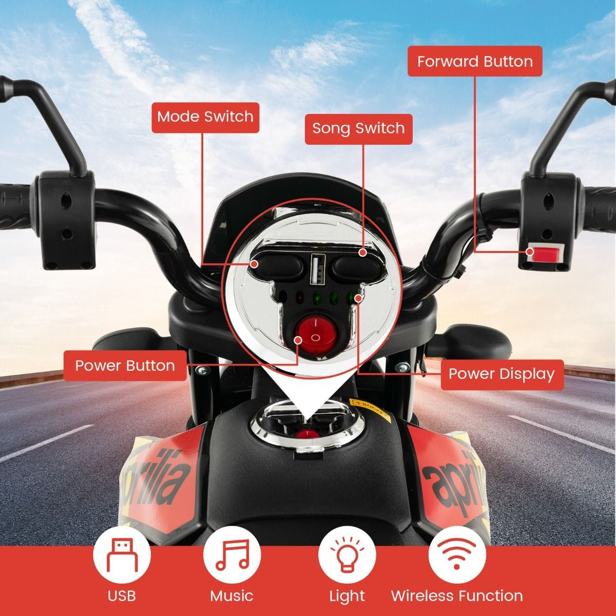 Moto électrique Aprilia-Licence pour enfants - Coast - avec 2 roues d'entraînement - avec musique pour enfants 3-8 ans - Moto à batterie 12V