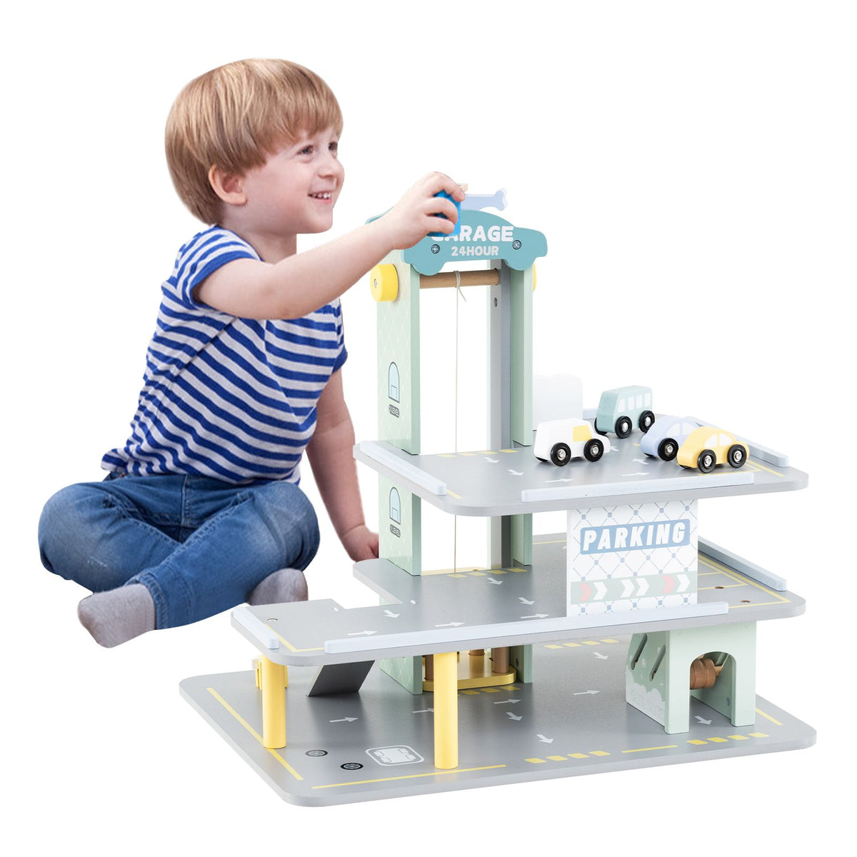 Coast 3-layer Wooden Play Garage with 4 Cars and Helicopter - 50x40x47 cm - Multicoloured