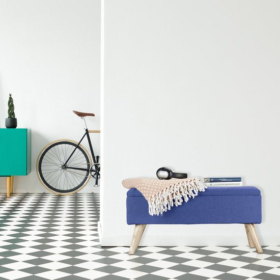banc avec rangement - 39,5 x 79,5 x 39,5 cm - coussin - pieds en bois - banc d'entrée - bleu