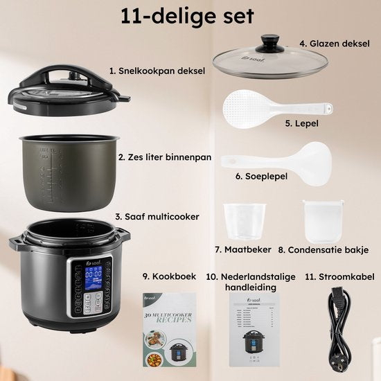 Multicuiseur - Ensemble de 11 pièces - 6L - 12 programmes automatiques - Mijoteuse, cuiseur à riz, cuiseur à vapeur, autocuiseur - Gris - de Saaf