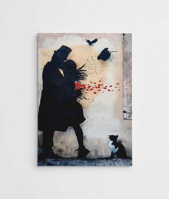 Décoration d'intérieur - "The Kiss - Banksy" Peinture sur toile coton polyester 70x100x3 cm - Cadre décoratif inclus - Accessoire de maison multicolore
