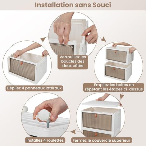 Boîtes de rangement pliables à roulettes - 40 x 37,5 x 123 cm - Portes magnétiques