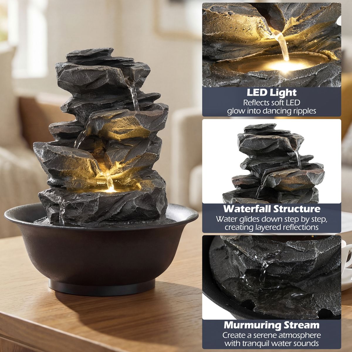 Fontaine de table Coast - cascade aspect rocheux - éclairage LED - noir - 21,5 x 26 cm