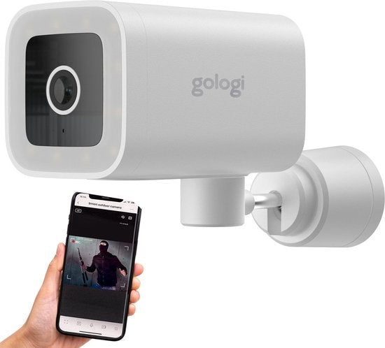 Gologi Premium Outdoor Camera - Caméra extérieure avec vision nocturne - Caméra de sécurité - Caméra de sécurité - 4MP - Caméra IP - Détection de son et de mouvement - Avec câble - Avec Wifi et App - Blanc