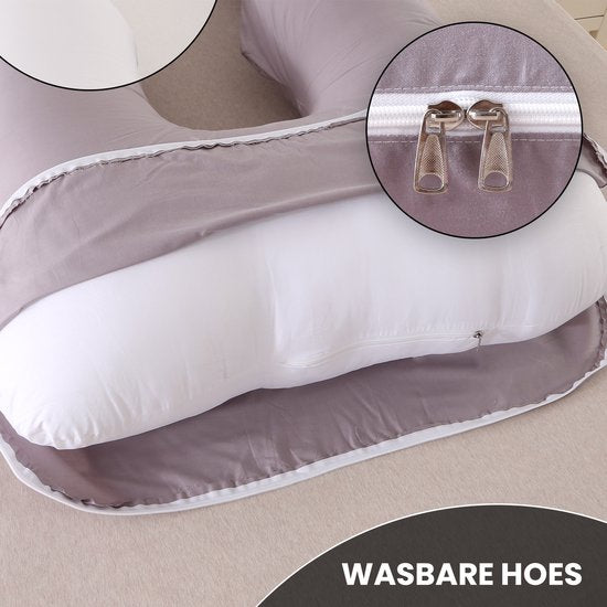 Oemmie Oreiller de grossesse - Oreiller d'allaitement - Oreiller de sommeil en soie - Oreiller de corps - Forme en U - 140x80 cm - Gris
