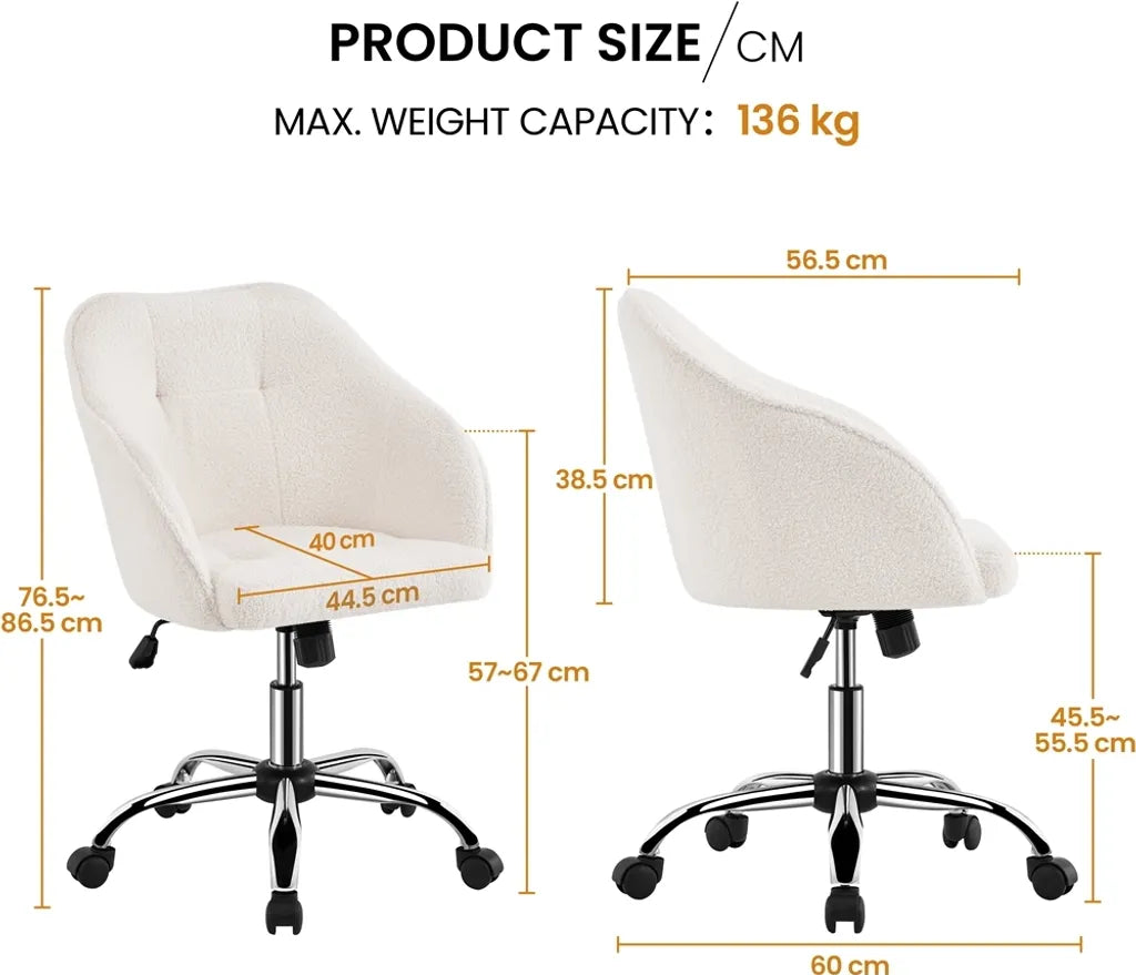 Chaise de bureau ergonomique Yaheetech 60 x 60 x 76,5-86,5 cm - Ivoire - Chaise pivotante réglable avec revêtement en velours