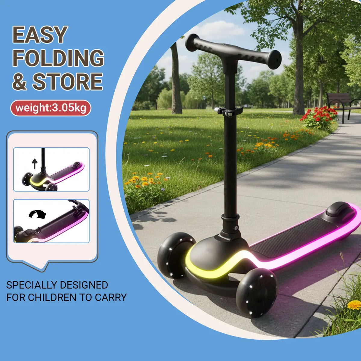 Trottinette pour enfants Neuleb YFQ à 3 roues avec roues à LED - Pliable - Noire